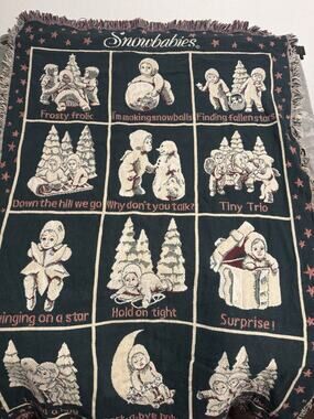 Snowbaby Christmas Holiday Tapestry Afghan Fringe Throw Blanket 63x44 DEPT 56